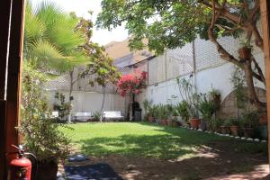un patio con un banco, plantas y una valla en Hotel Garden Latorre, en Iquique