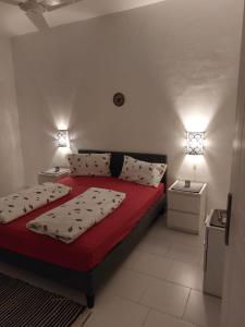 1 dormitorio con 1 cama roja y 2 almohadas en Lovely bedroom apartment TBR, en Hurghada
