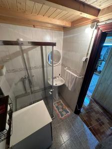 uma casa de banho com um chuveiro, um lavatório e um WC. em Casa da Eira 