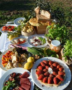 einen Tisch voller Teller mit Lebensmitteln auf einem Tisch in der Unterkunft Villa Orta - Agriturismo con cucina Vegan, Plant-based Farmhouse in Riotorto