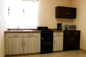 a kitchen with a black stove and a sink at Departamento 2, Comodo y hogareño in Tehuacán +6 photos