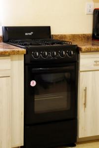 a black oven in a kitchen next to a counter at Departamento 2, Comodo y hogareño in Tehuacán