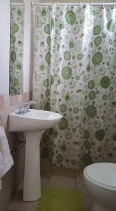 a bathroom with a sink and a shower curtain at Cabañas Fénix in La Guardia