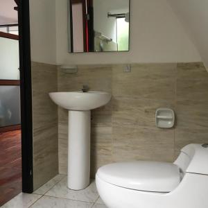 bagno con servizi igienici, lavandino e specchio di Madera Verde Ecolodge a Maranura