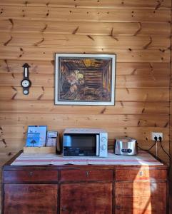 kuchenka mikrofalowa na drewnianej szafce z obrazem na ścianie w obiekcie Villa Jääskelä Hanko - koko talo w mieście Hanko