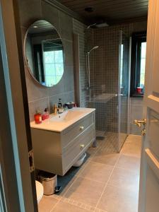 a bathroom with a sink and a shower and a mirror at Roni Chalet Hemsedal - Holdeskaret in Hemsedal