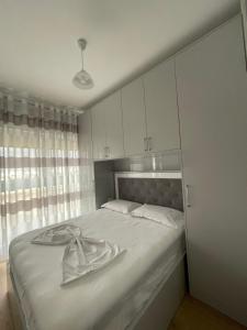 Un dormitorio con una cama con un plato. en Shehu’s Apartament en Tirana