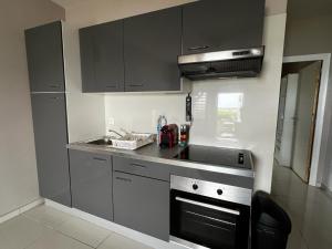 a kitchen with gray cabinets and a sink and a stove at The little Heaven in Baie Nettle