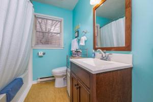 ein blaues Bad mit einem Waschbecken und einem WC in der Unterkunft Lake Front Home 15 Min from BlueRidge Mountains. in Stanardsville