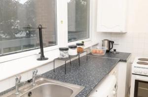 a kitchen counter with a sink and a window at Local luxury apartments in London