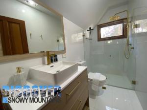 a bathroom with a sink and a shower and a toilet at Bollygums in Thredbo