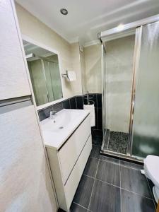 a bathroom with a sink and a shower at A Orillas del Pilar con parking in Zaragoza