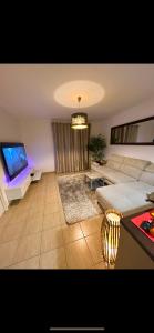 uma sala de estar com um sofá e uma televisão de ecrã plano em Très jolie F2 cosy 45m2 avec balcon et parking proche Paris em Livry-Gargan