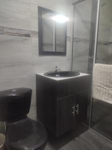 La salle de bains est pourvue de toilettes noires et d'un lavabo. dans l'établissement BACKWATER HOTEL, à Ipiales