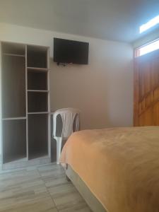 - une chambre avec un lit et une télévision murale dans l'établissement BACKWATER HOTEL, à Ipiales