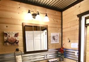 une salle de bain avec un miroir et un lavabo dans l'établissement Farm House Cabin, Patio, TV Room, Games, BBQ, Campfire, à Verdure 21 autres photos