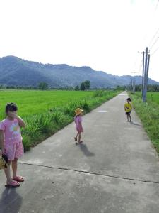 un groupe d'enfants se promenant sur une route dans l'établissement Đức Phát Homestay, à Tân Phú