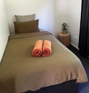 duas toalhas sentadas em cima de uma cama em Pond Road Park - Raglan em Raglan