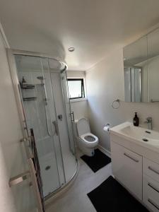 a bathroom with a shower and a toilet and a sink at Pond Road Park - Raglan in Raglan