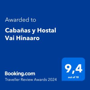 a blue text box with the words awarded to calias y hospital va himara at Cabañas y Hostal Vai Hinaaro in Hanga Roa