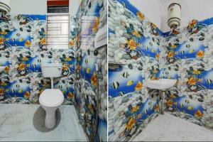 two pictures of a bathroom with a toilet in a room at H R Palace in Dīgha