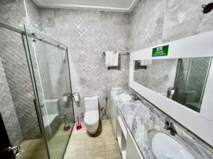 a bathroom with a toilet and a sink and a shower at Birchwood 1 in Abuja