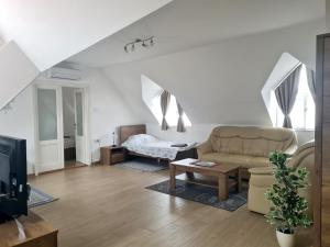 sala de estar con sofá y mesa en P16 Apartment, en Hajdúböszörmény