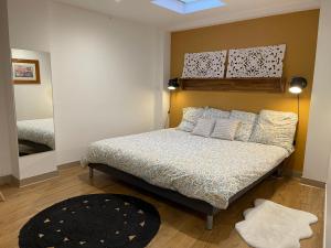 Dormitorio pequeño con cama con espejo en Troglodyte d’exception au cœur de Blois en Blois