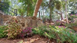 a garden with flowers and a stone wall at Rock n Fall Nature Resort in Ella