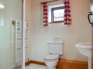 een badkamer met een toilet, een wastafel en een raam bij The Old Stable - Meadowbrook Farm in Thame