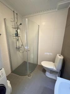 uma casa de banho com um chuveiro e um WC. em Spacious apartment in the city center em Vaasa