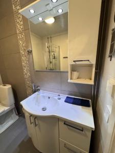 uma casa de banho com um lavatório e um espelho em Spacious apartment in the city center em Vaasa