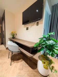 a room with a desk with a tv and a plant at KHÁCH SẠN THƯ LÊ LUXURY in Cao Lãnh