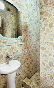 een badkamer met een wastafel en een douche met een spiegel bij residence des coeurs gabriella in Kribi