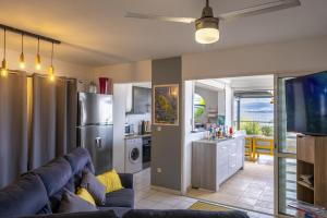 T4 STANDING ANSE MITAN 3 ILETS 95M2 plus 32M2 TERRASSE pergola et vue XXL في لي تروا زيليه: غرفة معيشة مع أريكة ومطبخ