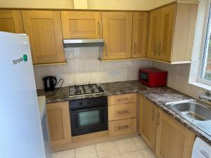 a kitchen with wooden cabinets and a stove and a sink at House Dollis Hill in London