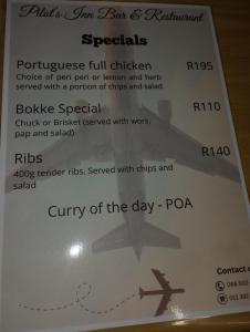 aopy of the day poo on a menu at Airport Inn and Suites in Johannesburg
