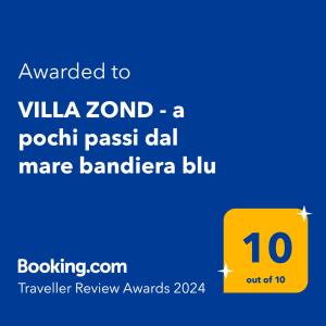 Ett certifikat, pris eller annat dokument som visas upp på VILLA ZOND - a pochi passi dal mare bandiera blu