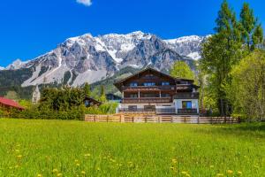 ein Haus auf einem Feld mit Bergen im Hintergrund in der Unterkunft Bergidyll 11 by Alpenidyll Apartments in Ramsau am Dachstein