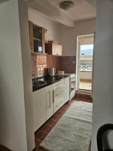 - une cuisine avec évier et vue sur l'océan dans l'établissement Apartman Ellye, à Lukavica