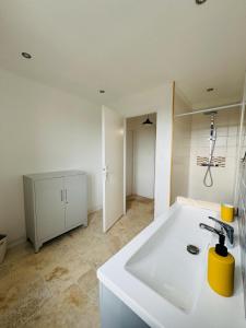 La salle de bains est pourvue d'un lavabo blanc. dans l'établissement Petite Demeure, à Paray-le-Monial