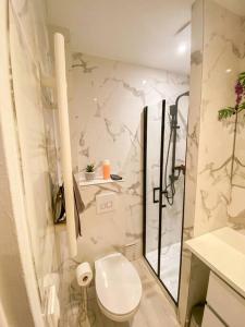 een witte badkamer met een toilet en een douche bij Le Pluvier d'Argent*Home Cinéma in Abbeville
