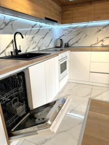 uma cozinha com um lavatório e um fogão forno superior em Cozy and Stylish Apartament em Stara Zagora