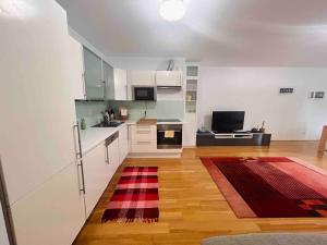 eine Küche mit weißen Schränken und einem roten Teppich in der Unterkunft Comfortable living in our spacious home in Wien