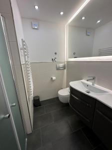 a bathroom with a sink and a toilet and a mirror at Appartment 2015 in Tossens in Tossenserdeich