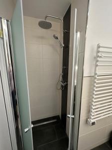 a shower with a glass door in a bathroom at Appartment 2015 in Tossens in Tossenserdeich