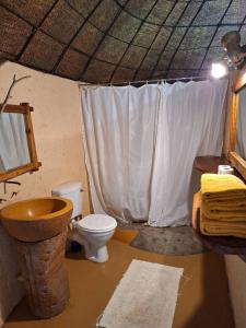 uma casa de banho com um WC, um lavatório e uma cortina. em Hawane Resort em Mbabane