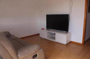un soggiorno con divano e TV a schermo piatto di Horta da Vilariça House a Torre de Moncorvo