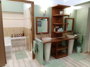 La salle de bains est pourvue de 2 lavabos et d'un miroir. dans l'établissement L'hacienda, à Tartas
