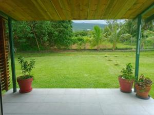eine Veranda mit drei Topfpflanzen auf einem Hof in der Unterkunft Ti Kaz citron in Sainte-Rose